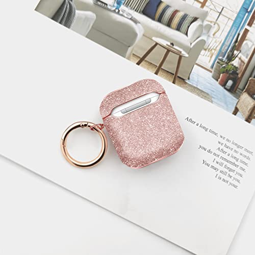 Molova Bling Case For Airpods 1&2 Case,Hard Cover Glitter Rose Gold Luxury Leather With Gold-Plated Frame Shock Proof Cover With Keychain（Rose Gold） #TOP5