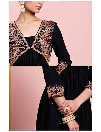Image of Amazon Brand - Myx Women's Embroidered Anarkali Kurta Pant Set with Organza Dupatta | Salwar Suit (Available in Plus Sizes)