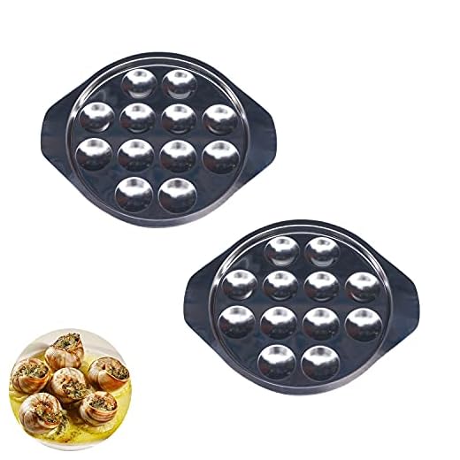 Proshopping 2 PCS Stainless Steel Snail Escargot Plate Set, Large Escargot Baking Dish Platter, Round Mushroom Escargot Serving Tray, French Escargot Grill Pan, 12 Holes - for Seafood (8.7 Inch)