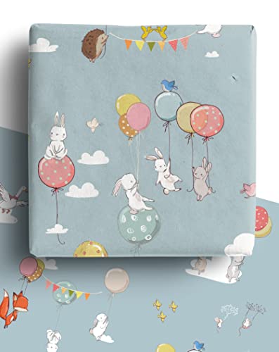 4 x Bunnies and Balloons Wrapping Paper Sheets 70cm x 50cm - Premium Recyclable Animal Gift Wrap for New Baby Easter and more