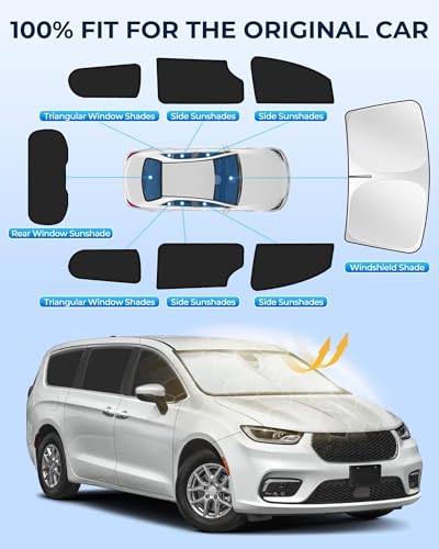 Image of Car Window Shades for Chrysler Pacifica /Pacifica Hybrid 2017-2025, 8pcs Privacy Sun Shade Set for Front Windshield Side and Rear Windows, Full Window Covers Keeps Vehicle Cool for Camping Napping