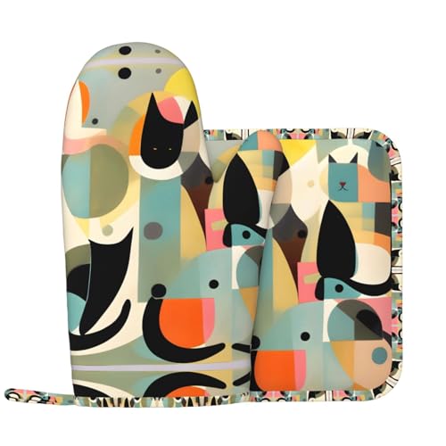 Juego de manoplas y soportes para ollas para gatos de arte moderno de mediados de siglo, antideslizantes y resistentes a altas temperaturas, fáciles de limpiar y colgar.