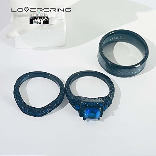 LOVERSRING Couple Ring Bridal Set His Hers Black Gold Filled Blue Cz Stainless Steel 10k Wedding Ring Band4