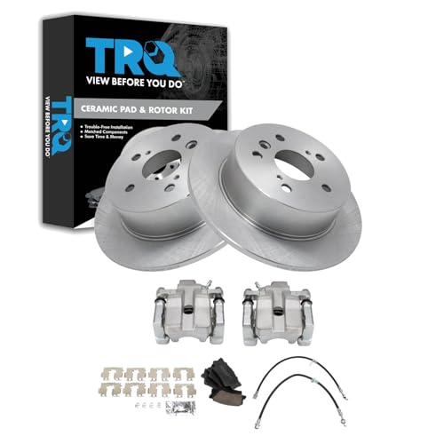 Image of TRQ Rear Brake Pad and Rotor Set Ceramic Rotors Calipers Compatible with 2007-2012 Lexus ES350 2008-2012 Toyota Avalon 2007-2011 Camry
