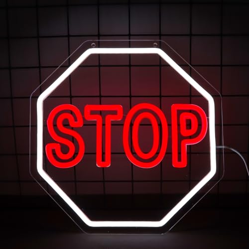 Image of STOP Neon Signs Warning Neon Lights Wall Decor for Parking Garage, Apartment Complex,Garage, Gate,Home 12.2 x 12.2 IN-USB Powered-Acrylic