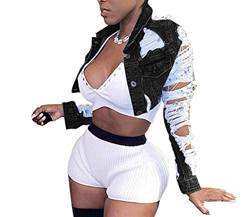 Voghtic Women's Trendy Black Ripped Jean Jacket