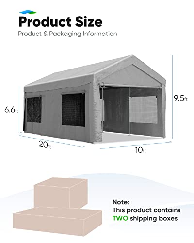 Quictent 10'X20' Heavy Duty Carport With Roll-Up Ventilated Windows Car Canopy Portable Garage With Removable Sidewalls & Doors For Car, Truck, Boat, Car Canopy With All-Season Tarp-Silver Gray #TOP7