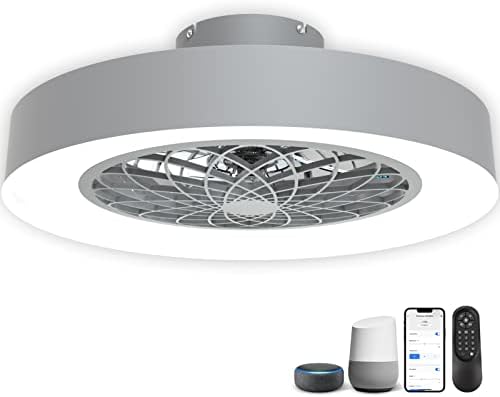 JHHF Ceiling Fan with Lights Remote Control,Dimmable Fan Lighting, 20'' Enclosed Bladeless Fan, Semi Flush Mount,2.4GHz Wi-Fi Bluetooth & App Controlled with Alexa and Google Assistant (Dark Grey)