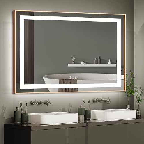 LifeSky Framed LED Bathroom Mirror - 48x36 inch Dimmable Anti Fog Lighted Bathroom Mirrors - Wall Mounted Front Lit LED Vanity Mirror Gold Frame
