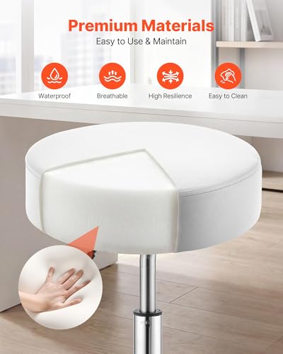 Image of VEVOR Rolling Stool with Wheels, 500 lbs Weight Capacity, Height Adjustable, Thick Cushion Ergonomic PU Leather Seat, 360 Swivel Round Rolling Stool Chair for Salon, Spa, Clinic, Medical, White