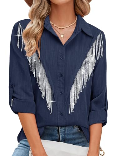 MYMORE Camisa con flecos brillantes para mujer, manga 3/4 con vuelta, abotonada, estilo vaquero, Nashville, concierto country, XXL