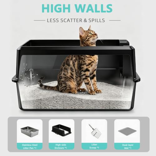 Image of WoofiGo Stainless Steel Cat Litter Box with Lid, XL Extra Large Metal Kitty Litter Box Enclosed for Big Cats, High Sided, Anti-Urine Leakage, Non-Stick Bottom, Include Litter Mat & Metal Scoop (Black)