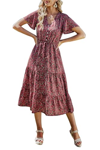 PRETTYGARDEN Summer Floral Dress for Women 2025 Casual Boho Short Sleeve Maxi Dresses V Neck Tiered Flowy Beach Sundress