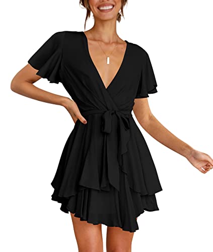 Cosonsen Womens Black Dresses Short Sleeve Deep V-Neck Tie Waist Sexy Dress M #TOP4