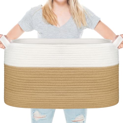 Vikcvcsc Paniere Linge, 65L Paniere a Linge Sale Osier, Panier de Rangement en Corde de Coton,Panier Rangement Bebe pour Jouets avec poignées, Corbeille a Linge(Blanc et Marron)