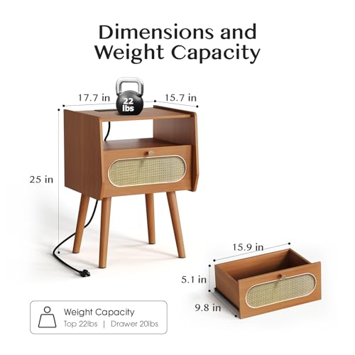 Image of JOINICE Night Stand Set 2, Mid Century Modern Nightstands Drawer, Rattan Bedside Table with Charging Station, Boho End Table with Storage, Wood Bed Side Tables for Bedroom, Small Space, Cherry