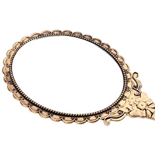 Fityle Espelho oval de mão estilo antigo decorativo com alça em relevo design rosa para maquiagem co