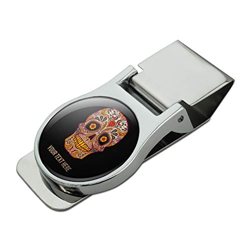 Personalized Custom 1 Line Day of the Dead Skull Satin Chrome Plated Metal Money Clip