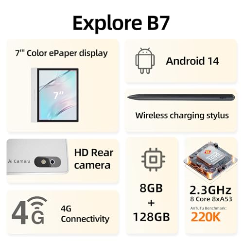 Image of Bigme B7 Color ePaper Tablet 7 Inch 8+128GB Ebook Reader with 4G Calling, 3000 mah (Silver)