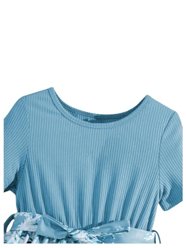 OYOANGLE Girl's Summer Casual Dress Short Sleeve Bow Belted A-Line High Waist Smocked Short Dress3