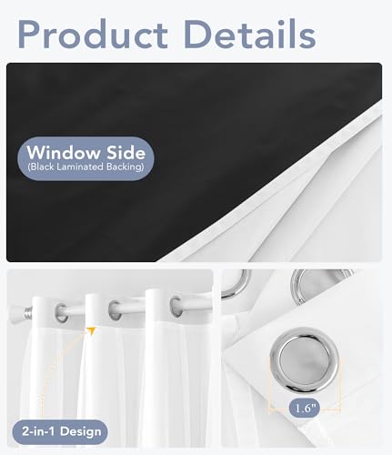 Image of 100% Blackout Curtains with Sheer, Greyish White, 52 x 96 inch, 2 Panels