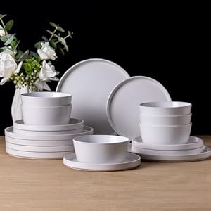 AmorArc Ceramic Dinnerware Sets of 6, Modern Flat Stoneware Plates and Bowls Sets,Chip and Crack Resistant | Dishwasher & Microwave Safe Dishes Set,Scratch Resistant- Service for 4 (18pc)-Matte White