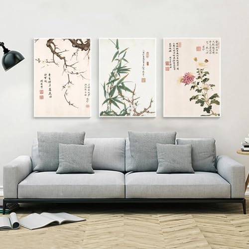 3 piezas de flores de ciruelo de estilo chino de arte vintage, orquídea, bambú y crisantemo caligrafía póster impresión casa lienzo pintura cuadro decoración de arte de pared, 30x40 CM (11.8x15.8 in)