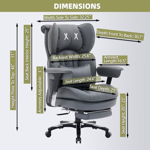Efomao Big and Tall Office Chair with Footrest – High Back Computer Chair with Adjustable Armrests,Executive Office Chair with Wide Seat, Modern Desk Chair for Home Office, Gaming, or Study, Grey