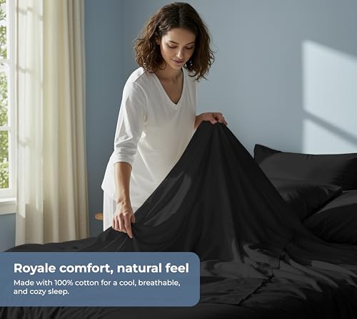 Image of ROYALE LINENS 100% Organic Cotton Twin XL Sheet Set - Percale Weave - 3 Pieces Set - 1 Flat, 1 Deep Pocket Fitted Sheet and 1 Pillowcases - Black Bed Sheets - Sabanas Twin XL - Crisp Cool (Black)