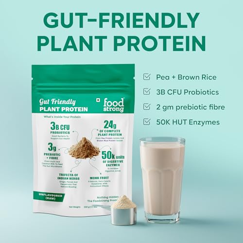 Image of Foodstrong Gut Friendly Plant Protein - Raw (Unflavoured) | 24g Complete Plant Protein with Probiotics, Digestive Enzymes, Prebiotics & Indian Herbs | Vegan | No Sugar | 500g