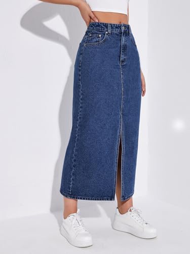 Image of Aahwan Women's & Girl's Black Solid High Waist Slit Below The Knee Denim Skirt
