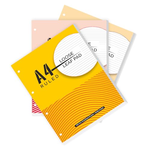 Image of amazon basics A4 Loose Leaf Report Pad | Ruled | Pre Punched for Easy Filing | Tear Off Sheets | Multi-Colored Cover | Pack of 3 (100 Sheets Each)
