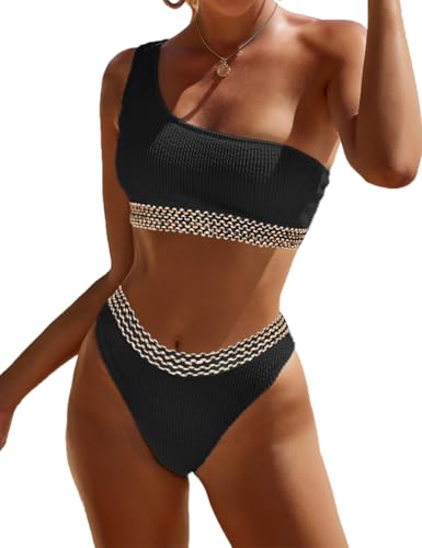 Image of YIMISAN Women's Ribbed Bikini Sets One Shoulder Top with Mid Waist Two Piece Bathing Suit