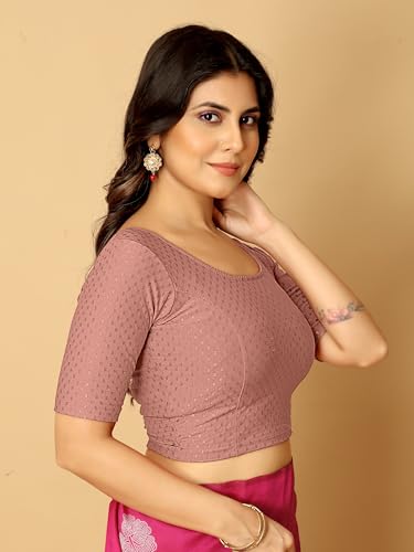 Image of Amazon Brand - Anarva Round Neck Dobby Cotton Lycra Stretchable Elbow Half Sleeve Readymade Saree Blouse for Women Stylish