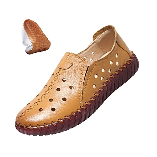 Image of Women's Leather Casual Cutout Loafers Flat Slip-on Shoes,Handmade Stitch Comfort Breathable Oxford Softsole Walking (7,Brown Hollow)