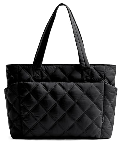 Uselike Tote Bag for Women, Lightweight Puffer Tote Work Bags with Compartments for Travel, Quilted Shoulder Bag with Zipper (Black)