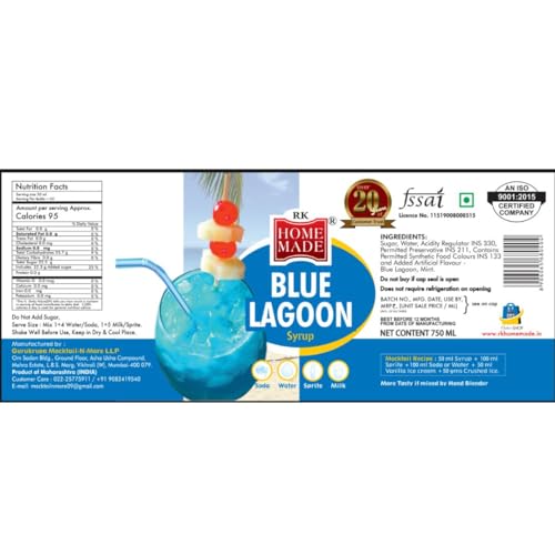 Image of RK Homemade Natural Blue Lagoon Syrup | 100% Vegan, Gluten-Free & Low Fat | Refreshing Party Drink for Picnics, Road Trips & Summer Beverages | 750ml Concentrated Syrup