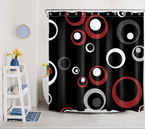Hvest YL30510W Red Abstract Geometric Shower Curtain With Hooks, Grey And White Abstract Circle On Black Shower Curtain For Bathroom, Minimalist Modern Shower Curtain Set Bathroom Decor Curtains thumb #1