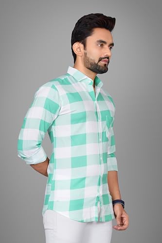Image of Voroxy Men's Casual Checks Shirt with Pockets Cotton Blend Stylish Branded Checkered Pattern Formal Shirt & Regular Fit Full Sleeves and Spread Collar Style