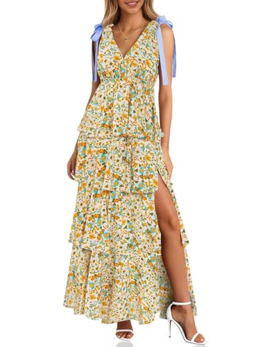 Image of Wenrine Womens Summer Floral Maxi Dress Tie Strap Sleeveless V Neck High Slit Boho Ruffle Tiered Beach Dresses
