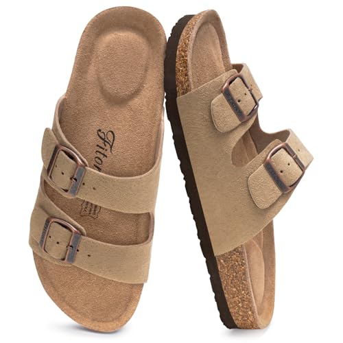 Image of FITORY Womens Flat Sandals with Cork Footbed, Open Toe Arch Support Slides Adjustable Slip On Slippers for Summer 2026 Size 6-11