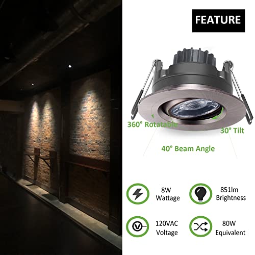 Image of POPANU Premium Canless Recessed Gimbal Downlight Rotatable-Spotlight 5 CCT 3 Inch Eyeball Ceilling Potlight, Dimmable Recessed Lights Fixture with Junction Box, 8W, Oil Rubbed Bronze, 6P