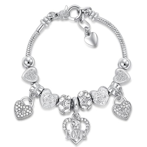 Charm Bracelet for Women, Heart Shape Glass Beads Sliver CZ Cross Snake Chain Bracelet, Trendy Charm Bracelet Jewelry Gifts for Women