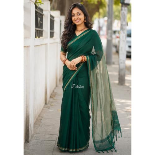 Image of Narayanpet Pure Cotton Avani Border Saree for Women with Running Blouse | Tassels | Traditional Woven Solid Design | Handloom Weave