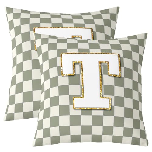 Image of Erosebridal Sage Green Checkered Throw Pillow Covers 18x18 Set of 2 Plaid Initial T Pillow Covers Personalized Monogram Cushion Cover Fashion Grids Gingham Pillow Cases for Couch Sofa