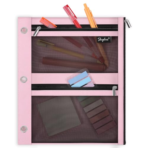 SKYDUE Pencil Pouch for Binder Pencil Case 3 Ring Binder Pencil Pouch with 3 Pockets and Mesh Window Zipper Pencil Pouch Durable Organizer for School Supplies Cables Earbuds Makeup Pink