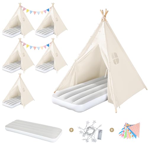 Image of Sumbababy 6 Pack Teepee Tent for Kids Slumber Party, Sleepover Tents with Inflatable Airbeds, Foldable Indoor Play Tent Natural Canvas Washable Fabric