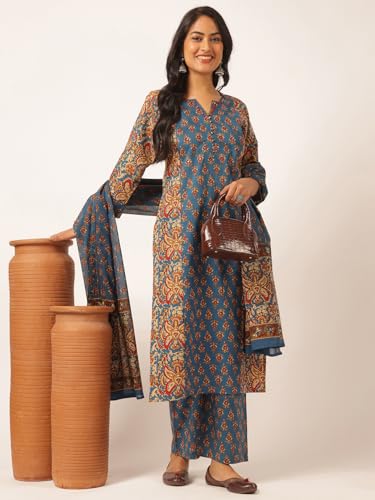 Image of Vbuyz Women's Printed & Embellished & Mirror Work Straight Cotton Stitched Kurta set | Straight Kurta Pant Dupatta | Kurta Set with Dupatta for Women | Suit Set | Ethnic Set | Printed Kurta Set