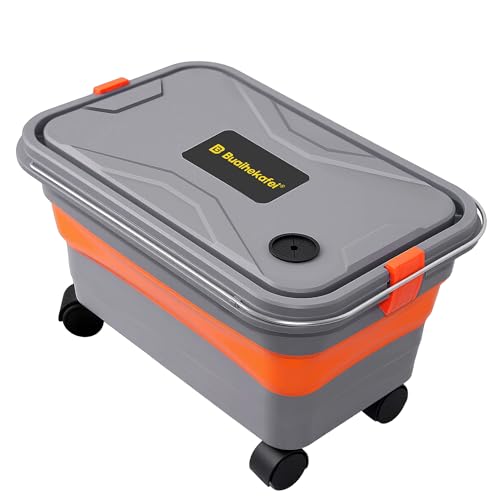 Collapsible Bucket 5.5 Gallon with Wheels Handle 1 Drain Plug and 2 Universal Connectors for Car Washing Foldable Multi-Use for Mop Cleaning, Camping, RV, Pet Bathing and Laundry