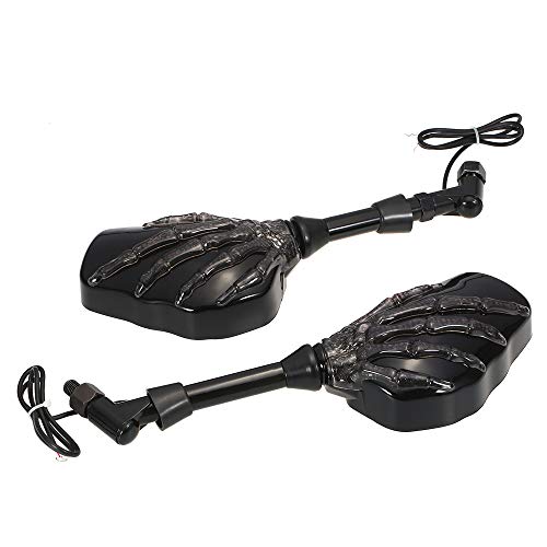 2Pcs Motorcycle Rearview Mirror LED Skull Skeleton Hand Ghost Claw Side Rear View Mirrors Left & Right Wide Angle Motor Motorbike Rearview Mirror LED Light Turn Signal Mirror Fit 10mm 8mm Thread Bolts